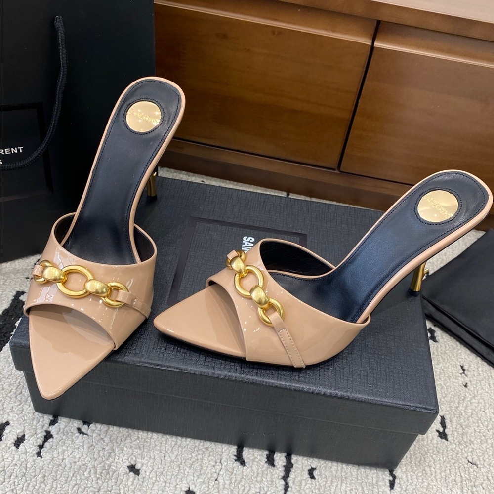 Saint Laurent Women's Beige Patent Leather Pointed-Toe Mules with Gold Chain